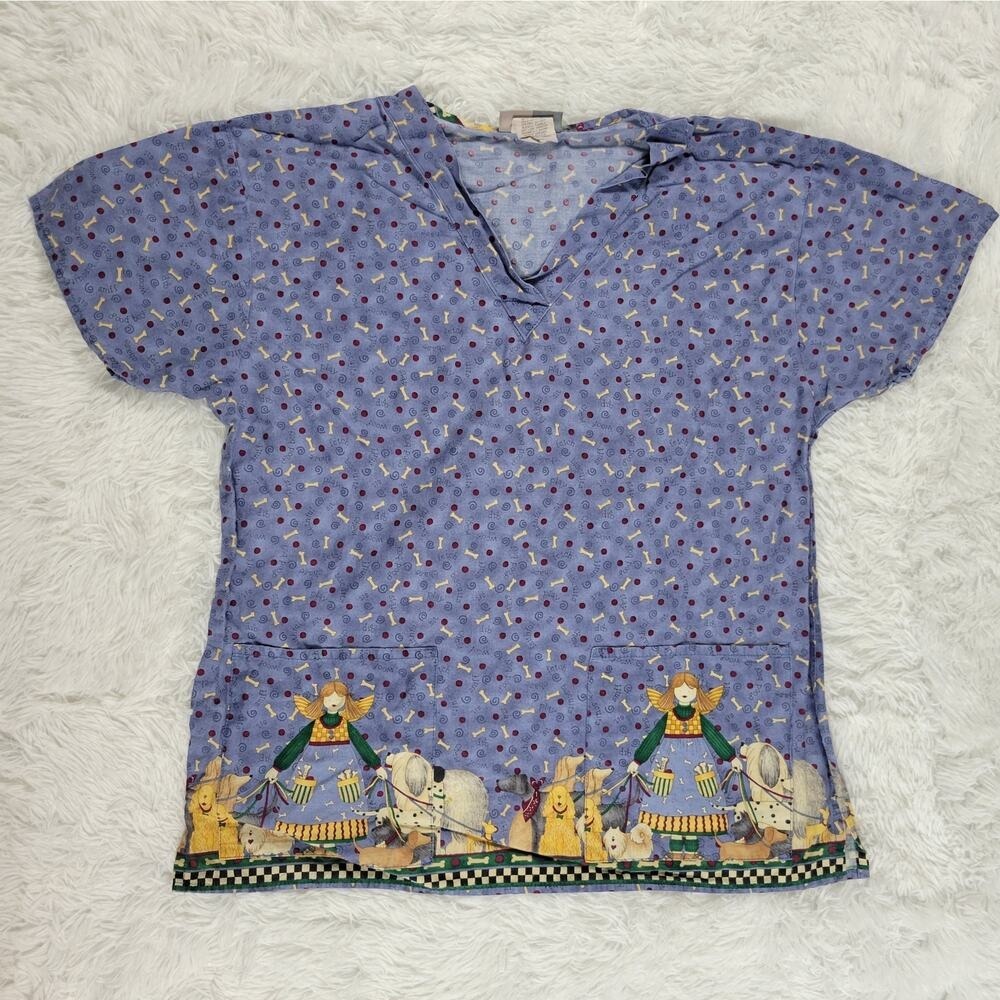 Scrub Top Size M Dog Angel Print V-Neck‎ Short Sleeve Blue
